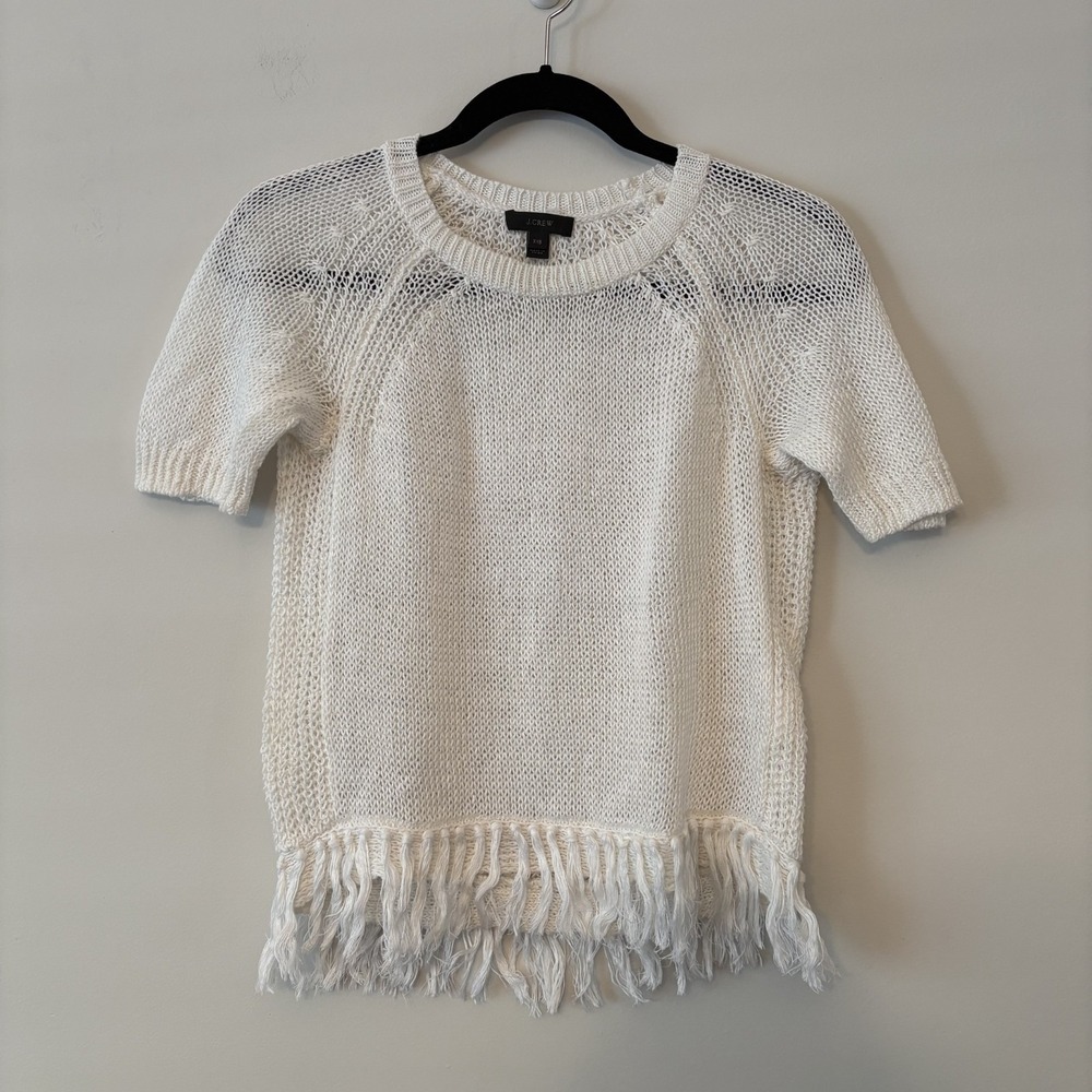 J Crew Linen Fringe Open Knit Sweater White XXS Boho Coastal Festival Cottage